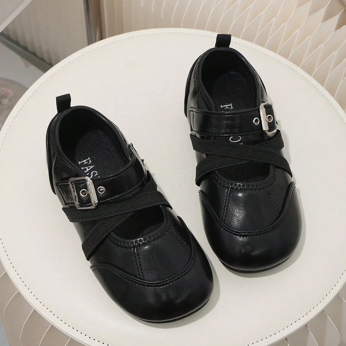 Children's Vintage Black Mary Jane Shoes, Cross Strap Buckle Decor Non-Slip Flat Shoes, Little Girls' Formal Princess Shoes