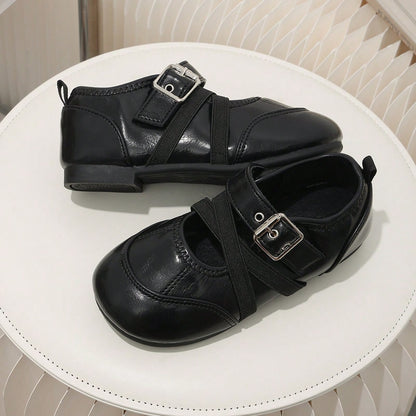 Children's Vintage Black Mary Jane Shoes, Cross Strap Buckle Decor Non-Slip Flat Shoes, Little Girls' Formal Princess Shoes