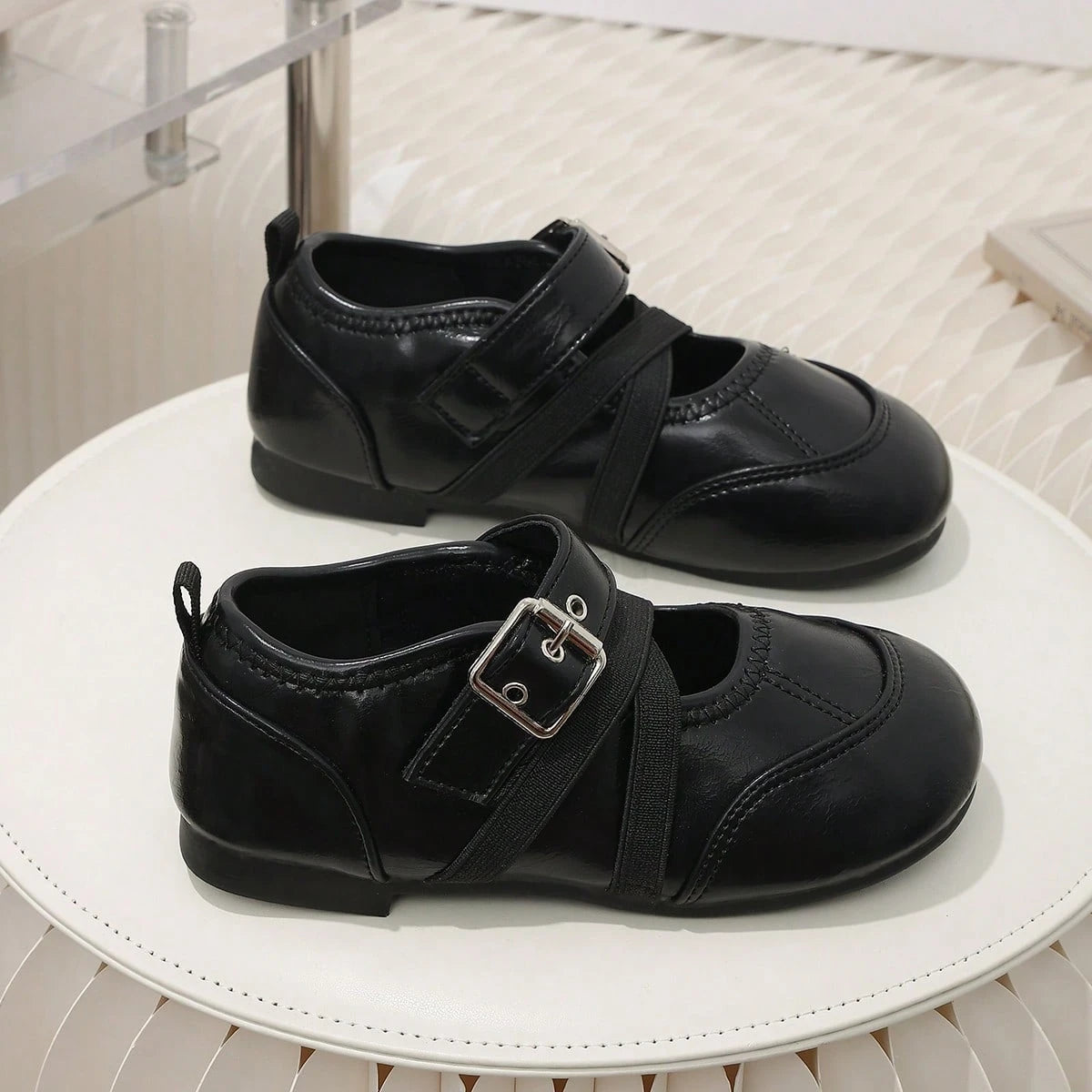 Children's Vintage Black Mary Jane Shoes, Cross Strap Buckle Decor Non-Slip Flat Shoes, Little Girls' Formal Princess Shoes