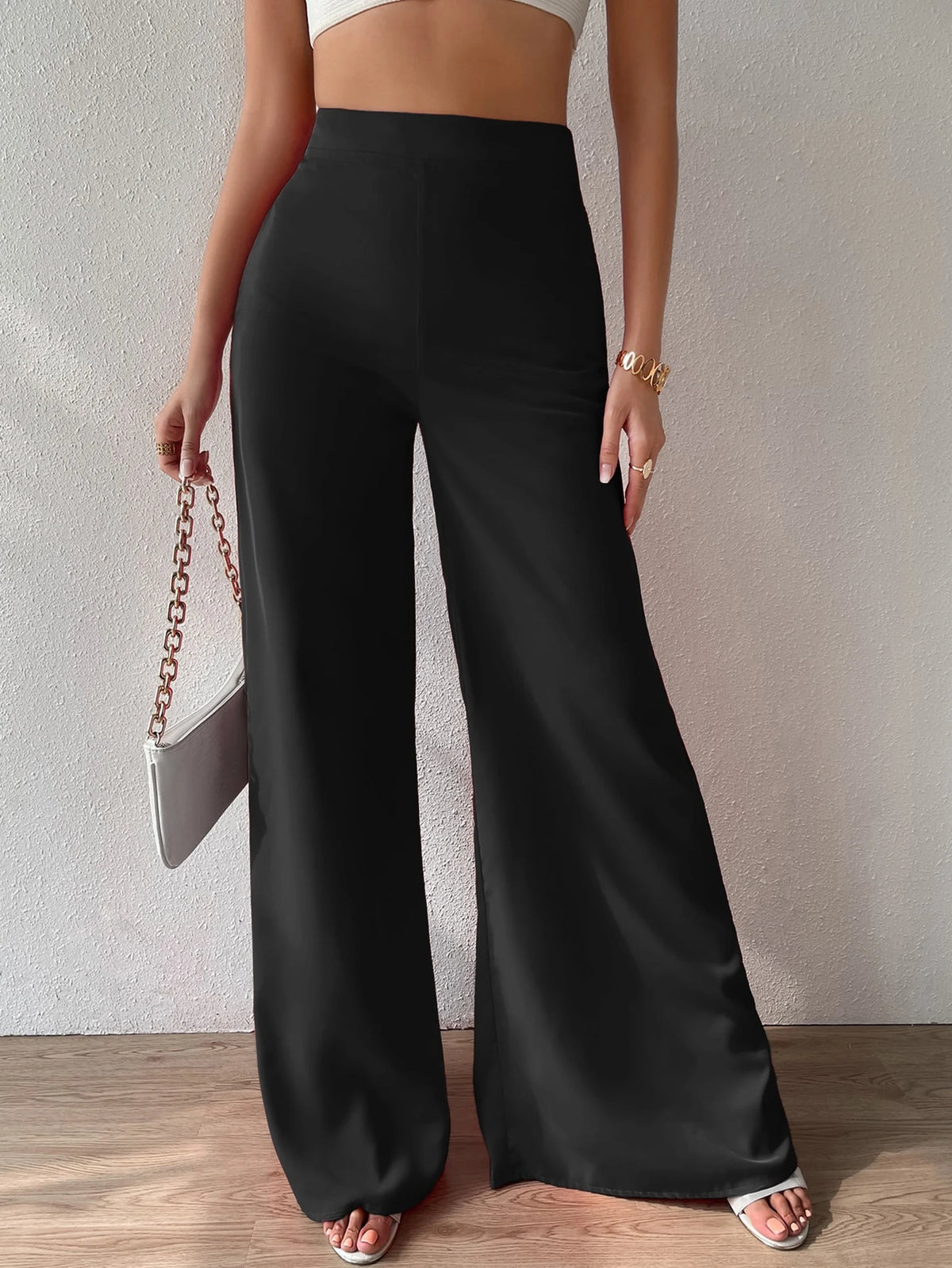 Chiquease High Waist Wide Leg Pants,Ladies Spring/Fall Casual High Waist Wide Leg Long Black Loose Women Pants,Casual Daily Wear