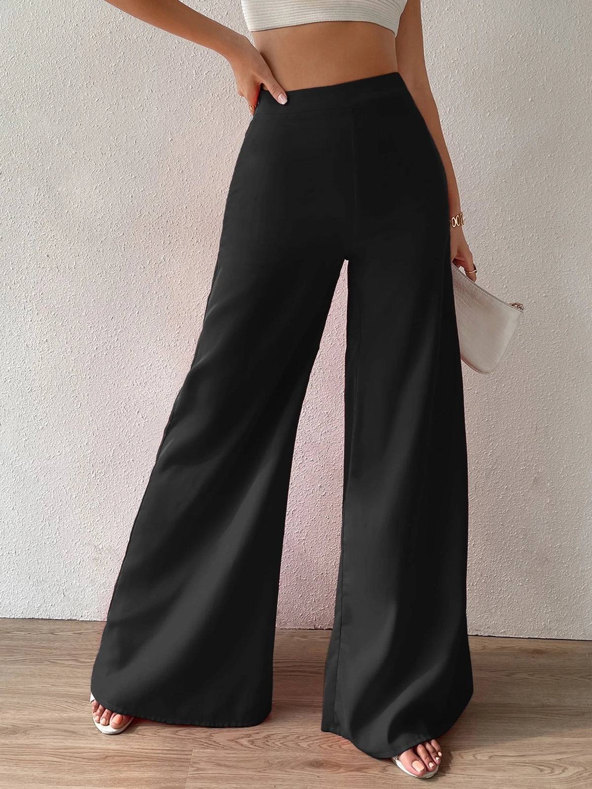 Chiquease High Waist Wide Leg Pants,Ladies Spring/Fall Casual High Waist Wide Leg Long Black Loose Women Pants,Casual Daily Wear