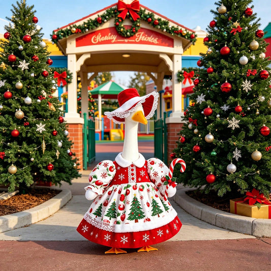 Christmas Porch Goose Outfit Holiday Dress With Lace Trim Hat Candy Cane For 23 Inch Goose Statue Xmas Holiday Patio Yard Decor ﻿
