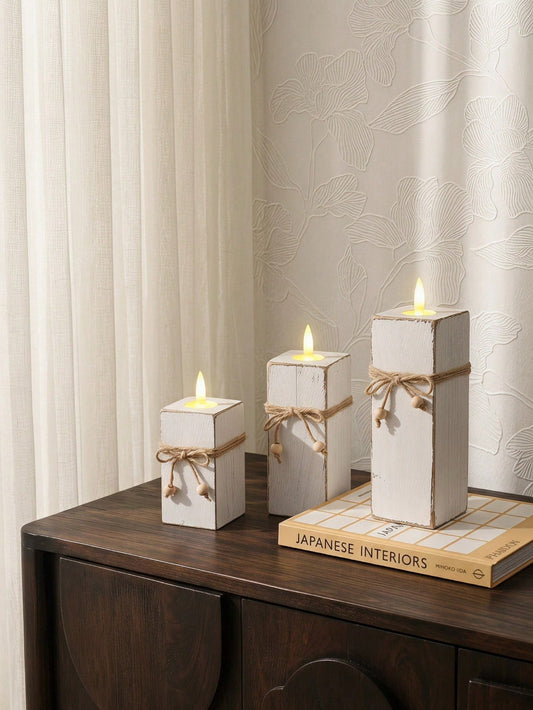 Cirelle 3PCS Country Style Wooden Candle Holder Set, White Distressed Tabletop Pillar Candle Stands With Natural Hemp Rope Accent, Rustic Home Decor For Shelf Entryway Living Room, Ideal Holiday Gift