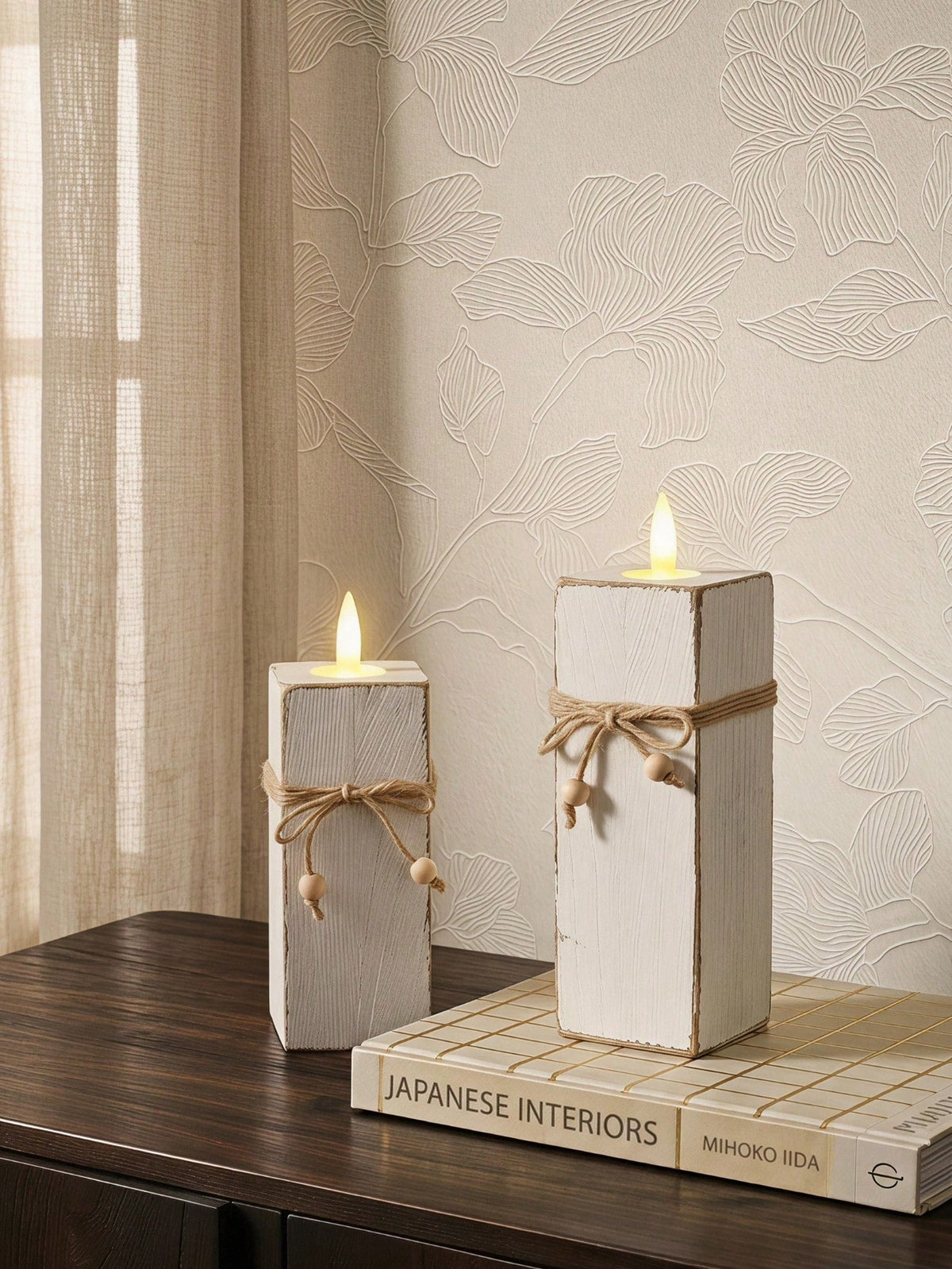 Cirelle 3PCS Country Style Wooden Candle Holder Set, White Distressed Tabletop Pillar Candle Stands With Natural Hemp Rope Accent, Rustic Home Decor For Shelf Entryway Living Room, Ideal Holiday Gift