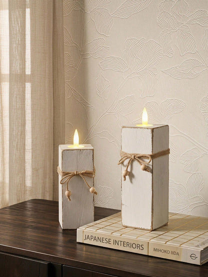 Cirelle 3PCS Country Style Wooden Candle Holder Set, White Distressed Tabletop Pillar Candle Stands With Natural Hemp Rope Accent, Rustic Home Decor For Shelf Entryway Living Room, Ideal Holiday Gift