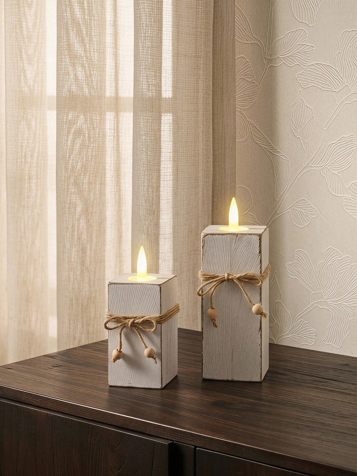Cirelle 3PCS Country Style Wooden Candle Holder Set, White Distressed Tabletop Pillar Candle Stands With Natural Hemp Rope Accent, Rustic Home Decor For Shelf Entryway Living Room, Ideal Holiday Gift