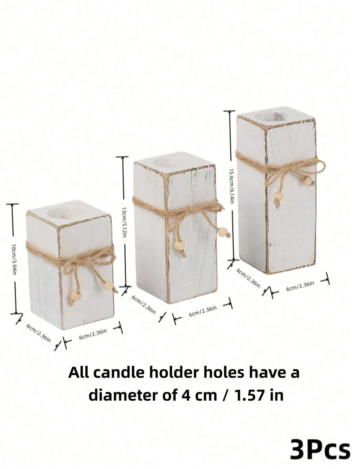 Cirelle 3PCS Country Style Wooden Candle Holder Set, White Distressed Tabletop Pillar Candle Stands With Natural Hemp Rope Accent, Rustic Home Decor For Shelf Entryway Living Room, Ideal Holiday Gift