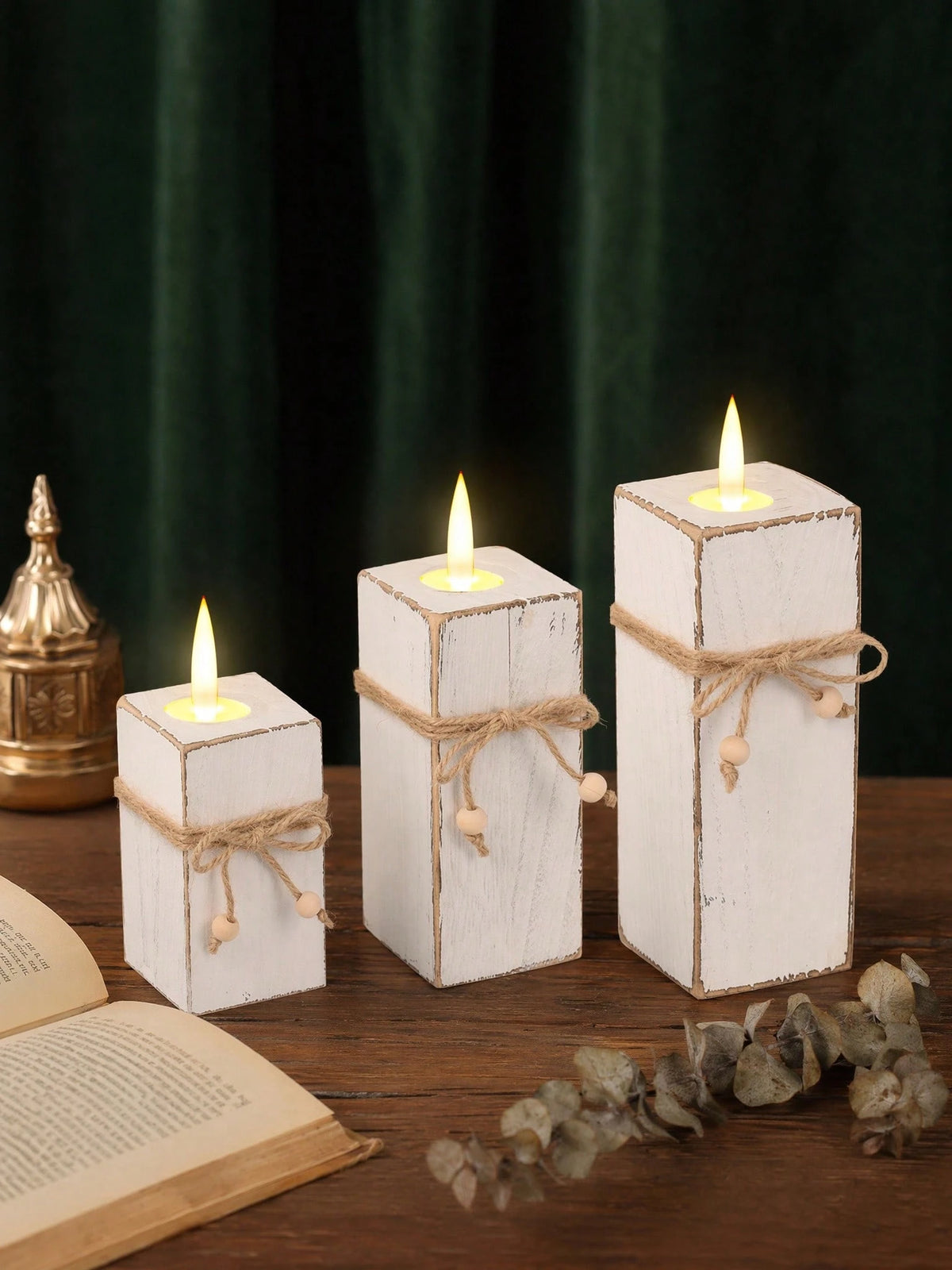 Cirelle 3PCS Country Style Wooden Candle Holder Set, White Distressed Tabletop Pillar Candle Stands With Natural Hemp Rope Accent, Rustic Home Decor For Shelf Entryway Living Room, Ideal Holiday Gift