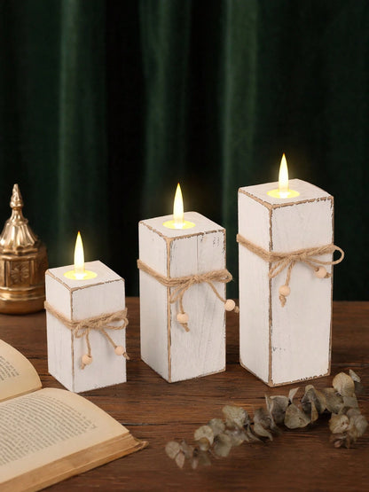 Cirelle 3PCS Country Style Wooden Candle Holder Set, White Distressed Tabletop Pillar Candle Stands With Natural Hemp Rope Accent, Rustic Home Decor For Shelf Entryway Living Room, Ideal Holiday Gift