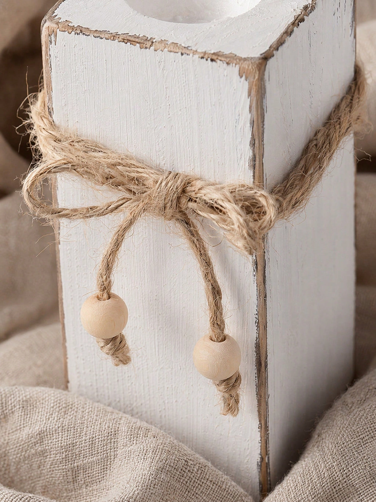 Cirelle 3PCS Country Style Wooden Candle Holder Set, White Distressed Tabletop Pillar Candle Stands With Natural Hemp Rope Accent, Rustic Home Decor For Shelf Entryway Living Room, Ideal Holiday Gift
