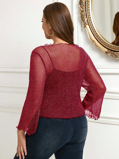 Clasi Hollow Lace-Up Front Pleated Hem Short Cardigan Top With Puff Sleeves, Plus Size Women's Carnival Costume
