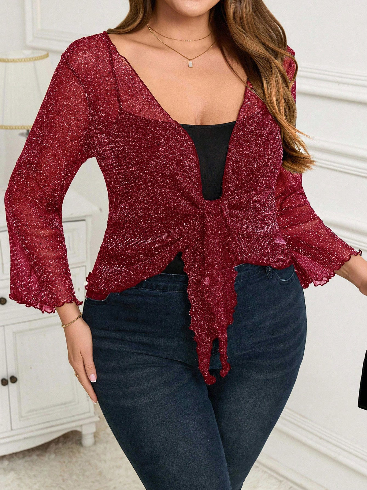 Clasi Hollow Lace-Up Front Pleated Hem Short Cardigan Top With Puff Sleeves, Plus Size Women's Carnival Costume