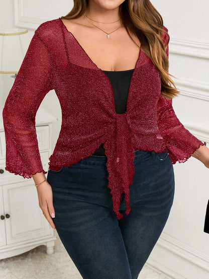 Clasi Hollow Lace-Up Front Pleated Hem Short Cardigan Top With Puff Sleeves, Plus Size Women's Carnival Costume