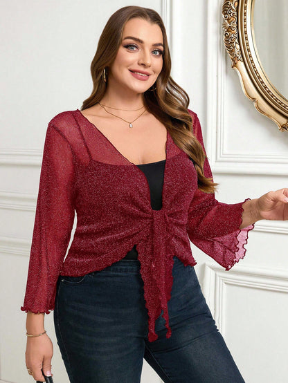 Clasi Hollow Lace-Up Front Pleated Hem Short Cardigan Top With Puff Sleeves, Plus Size Women's Carnival Costume