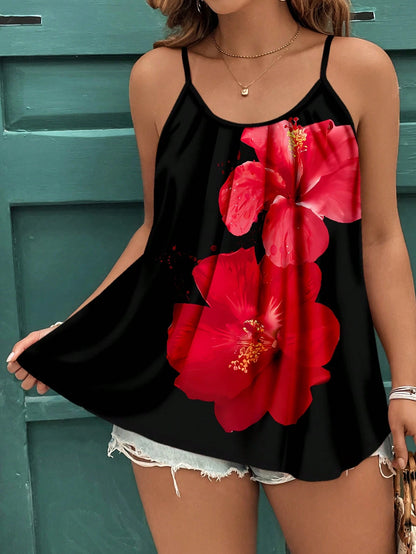 Clasi Plus Size Casual Floral Print Elegant Camisole Top, Suitable For Beach Vacation, Summer Woman S Summer Clothes Suitable For Going Out