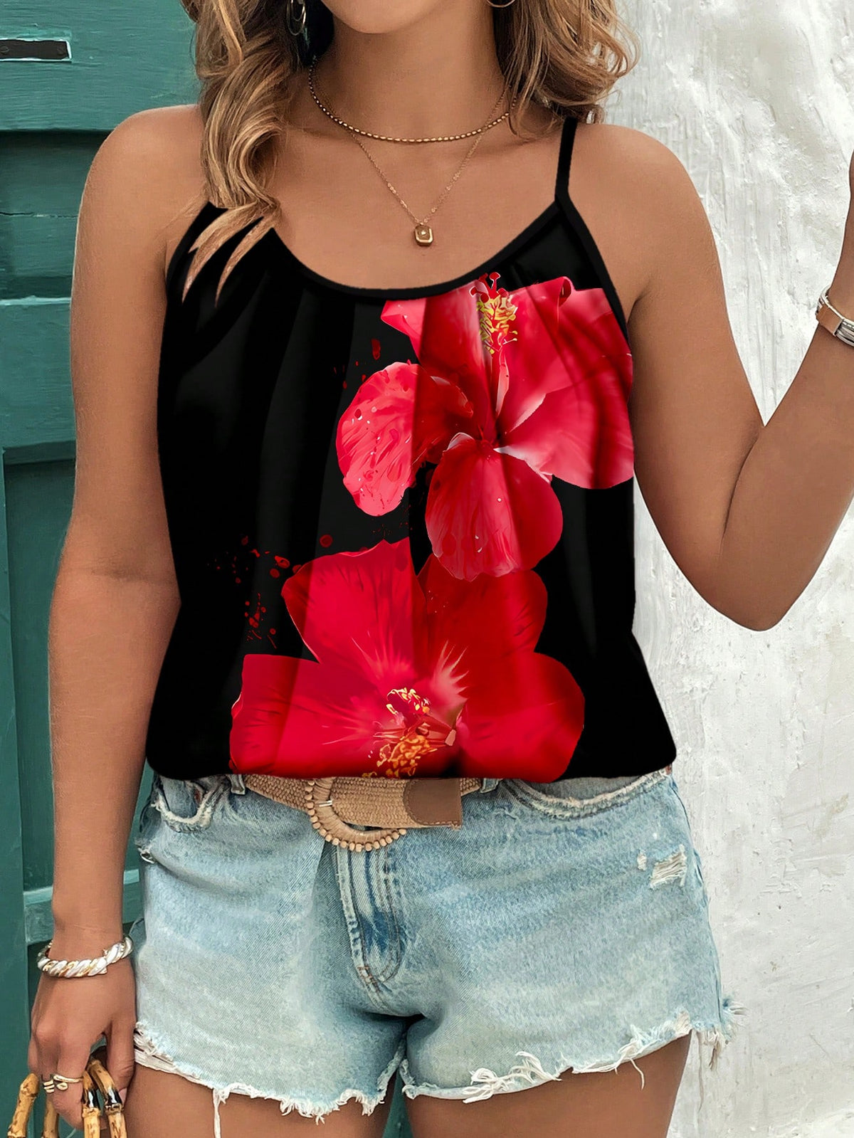 Clasi Plus Size Casual Floral Print Elegant Camisole Top, Suitable For Beach Vacation, Summer Woman S Summer Clothes Suitable For Going Out