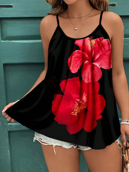 Clasi Plus Size Casual Floral Print Elegant Camisole Top, Suitable For Beach Vacation, Summer Woman S Summer Clothes Suitable For Going Out