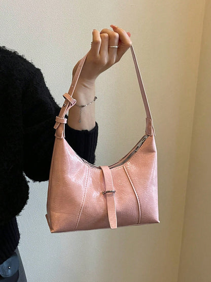 Classic Versatile Lacquered Solid Color Buckle Practical Texture Women's Shoulder Bag, Suitable For Shopping, Wallet, Young Women, College Students, Newcomers, White-Collar Workers. They Are Perfect F