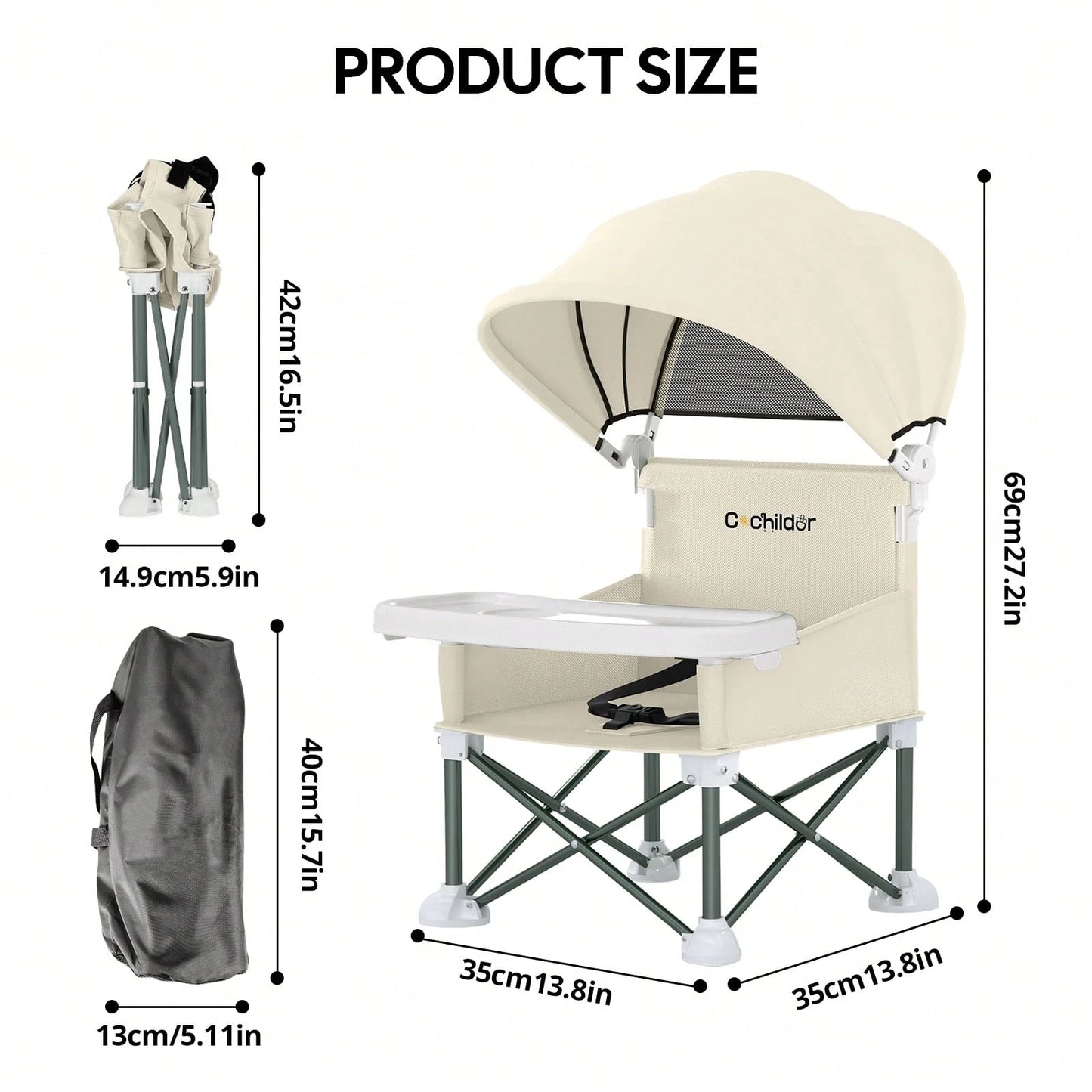Cochildor Foldable Travel Baby Booster High Chair With Sun Shade Canopy, Safety Harness Detachable Tray & Carry Bag For Toddlers Indoor Outdoor