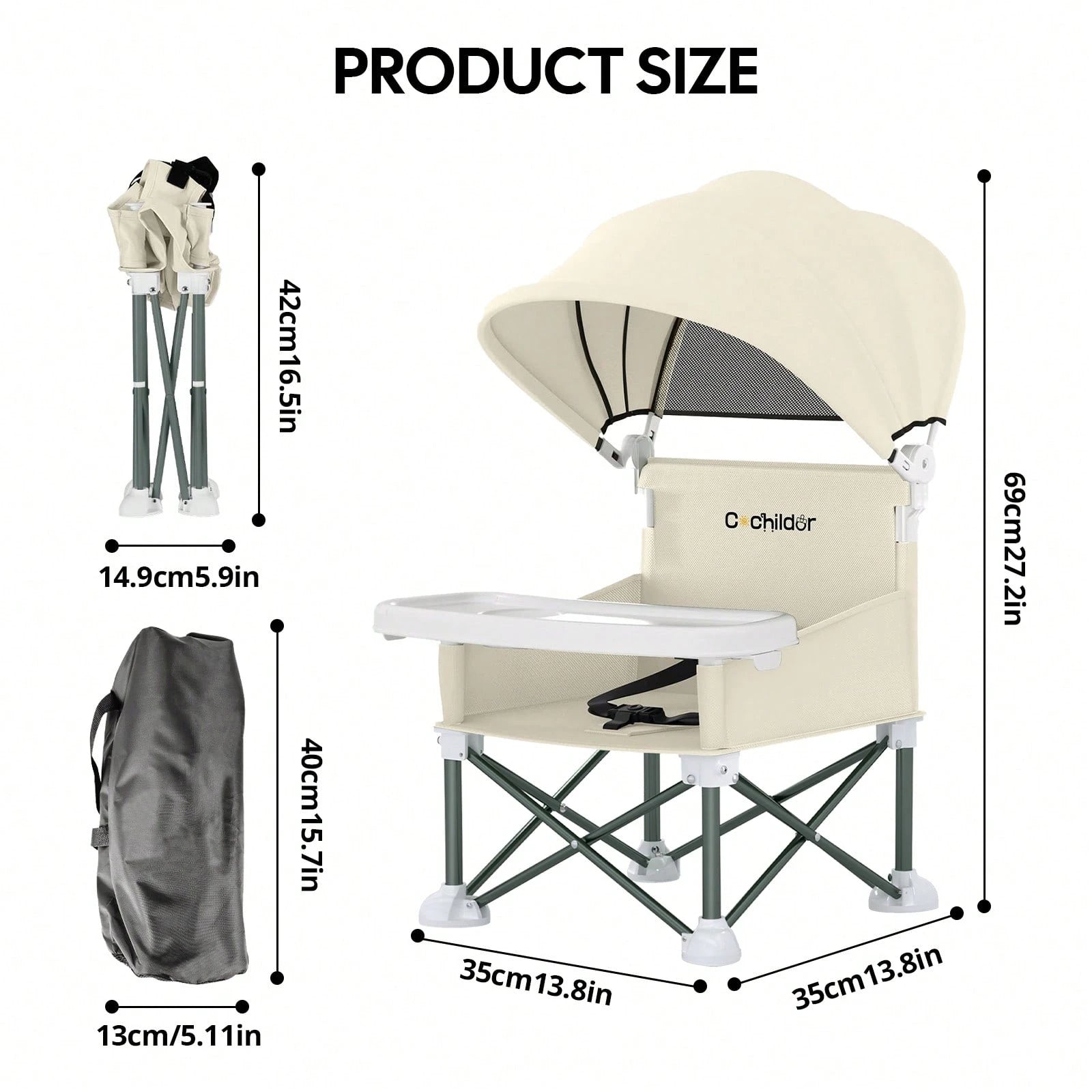 Cochildor Foldable Travel Baby Booster High Chair With Sun Shade Canopy, Safety Harness Detachable Tray & Carry Bag For Toddlers Indoor Outdoor