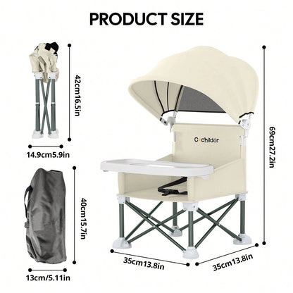 Cochildor Foldable Travel Baby Booster High Chair With Sun Shade Canopy, Safety Harness Detachable Tray & Carry Bag For Toddlers Indoor Outdoor