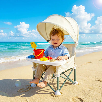 Cochildor Foldable Travel Baby Booster High Chair With Sun Shade Canopy, Safety Harness Detachable Tray & Carry Bag For Toddlers Indoor Outdoor