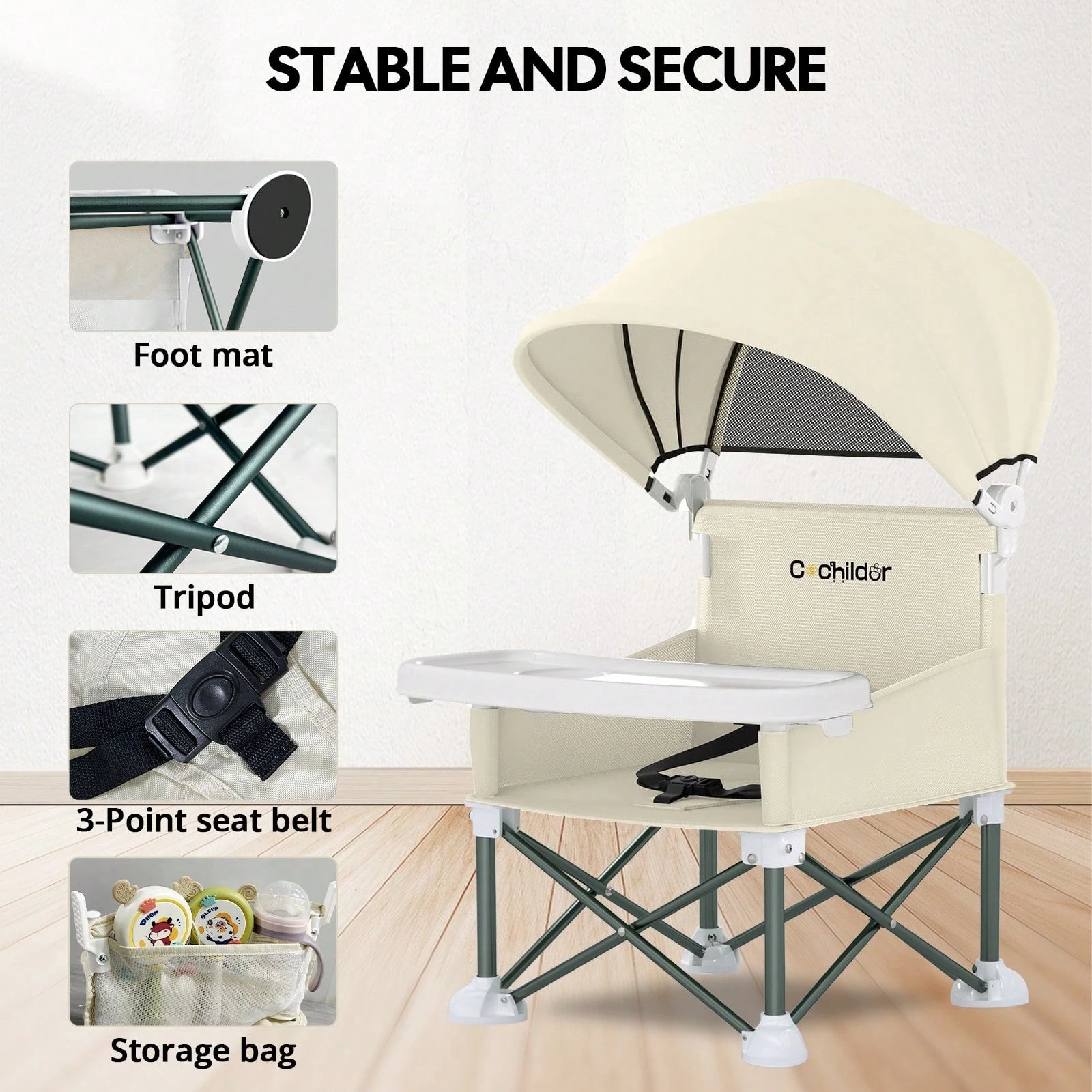 Cochildor Foldable Travel Baby Booster High Chair With Sun Shade Canopy, Safety Harness Detachable Tray & Carry Bag For Toddlers Indoor Outdoor