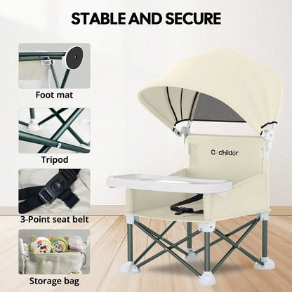 Cochildor Foldable Travel Baby Booster High Chair With Sun Shade Canopy, Safety Harness Detachable Tray & Carry Bag For Toddlers Indoor Outdoor