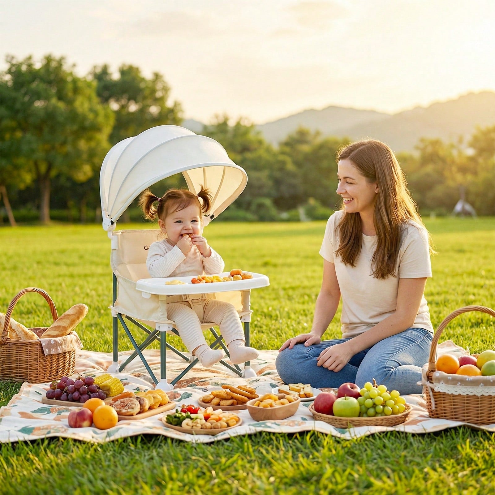 Cochildor Foldable Travel Baby Booster High Chair With Sun Shade Canopy, Safety Harness Detachable Tray & Carry Bag For Toddlers Indoor Outdoor