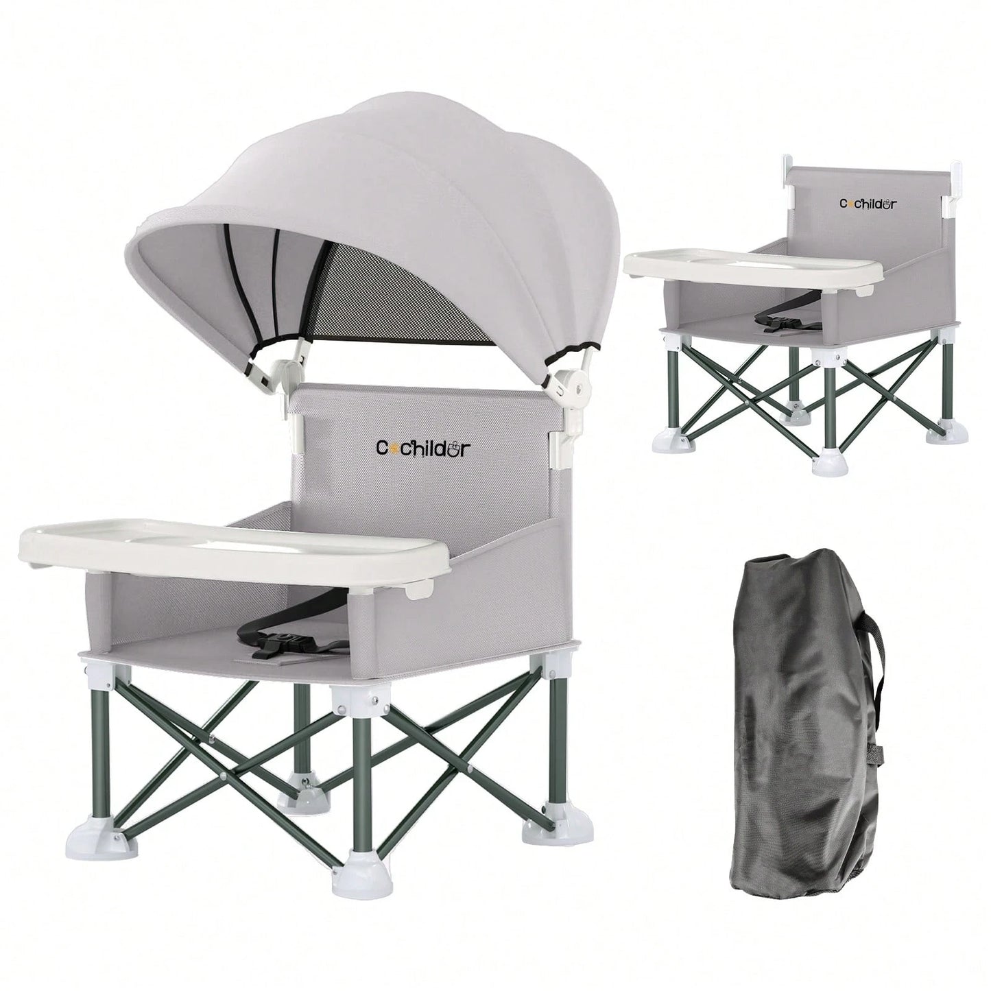 Cochildor Foldable Travel Baby Booster High Chair With Sun Shade Canopy, Safety Harness Detachable Tray & Carry Bag For Toddlers Indoor Outdoor