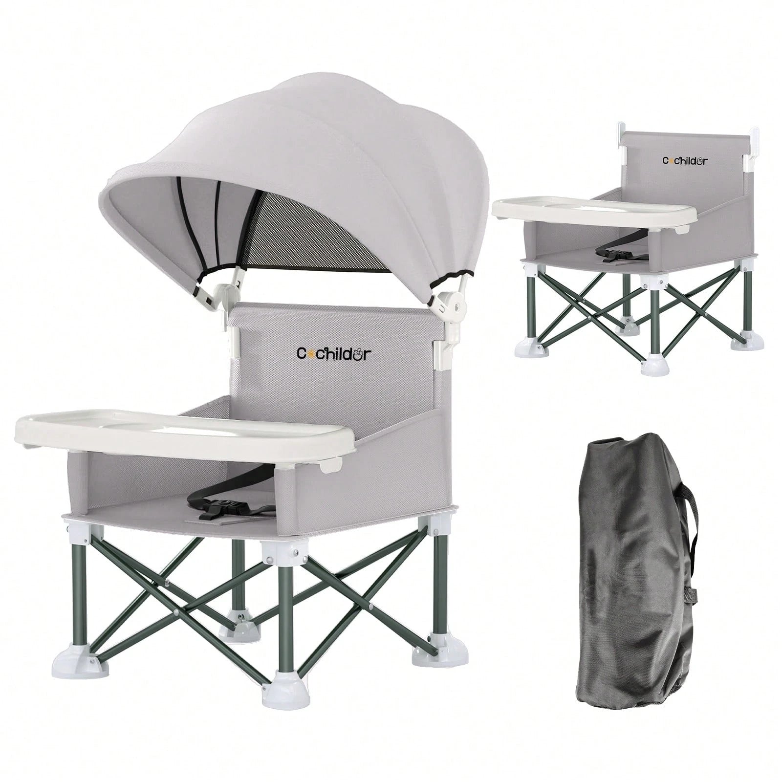 Cochildor Foldable Travel Baby Booster High Chair With Sun Shade Canopy, Safety Harness Detachable Tray & Carry Bag For Toddlers Indoor Outdoor