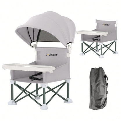 Cochildor Foldable Travel Baby Booster High Chair With Sun Shade Canopy, Safety Harness Detachable Tray & Carry Bag For Toddlers Indoor Outdoor