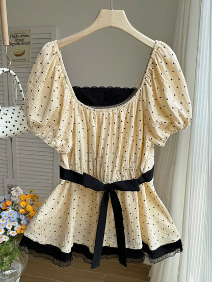 Comfortcana Plus Size Women's Beige Print Short Puff Sleeve Contrast Lace Blouse, Summer Tea Party Birthday Date Night Wedding Brunch Retro Cute 70's