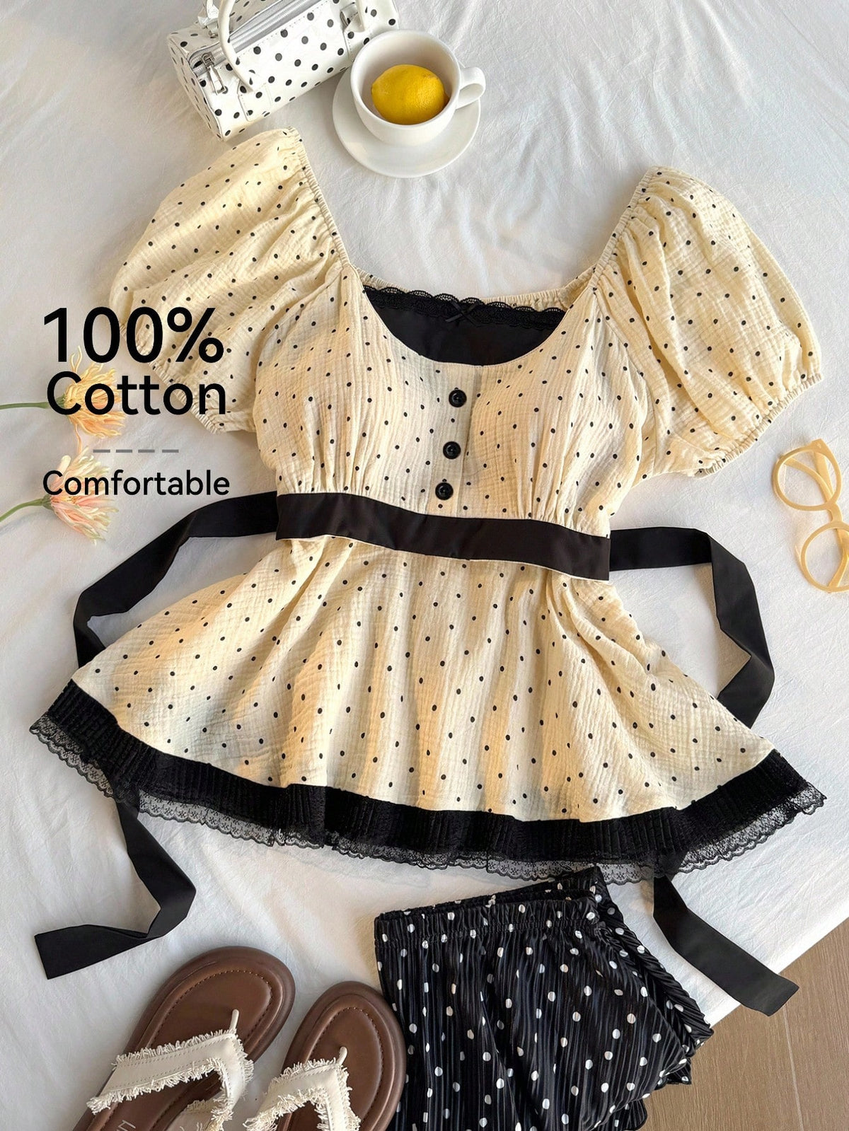 Comfortcana Plus Size Women's Beige Print Short Puff Sleeve Contrast Lace Blouse, Summer Tea Party Birthday Date Night Wedding Brunch Retro Cute 70's