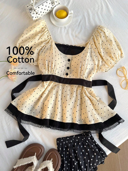 Comfortcana Plus Size Women's Beige Print Short Puff Sleeve Contrast Lace Blouse, Summer Tea Party Birthday Date Night Wedding Brunch Retro Cute 70's