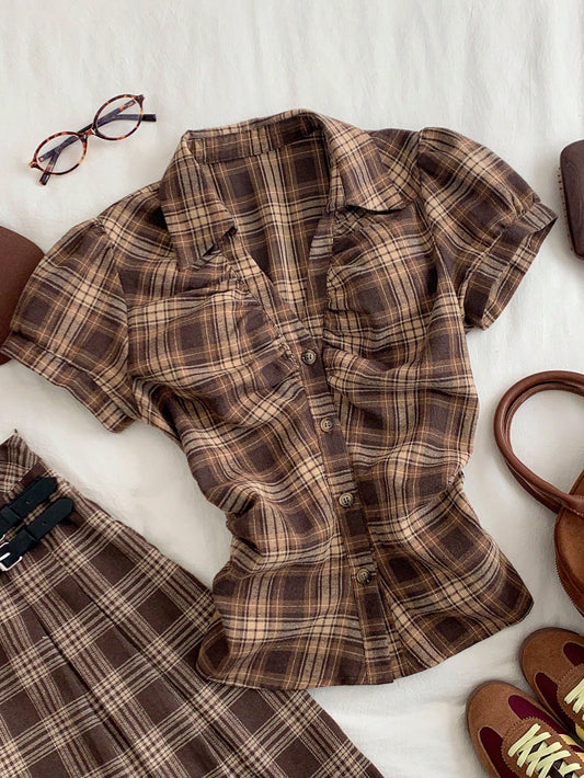 Comfortcana Plus Size Women's Casual 90s Retro American College Style Brown Plaid V-Neck Shirt, Waist-Cinched Blouse Suitable For Daily Wear Graduation Summer