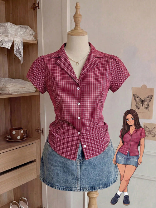 Comfortcana Plus Size Women's Plaid Short Sleeve Single Breasted Casual Shirt