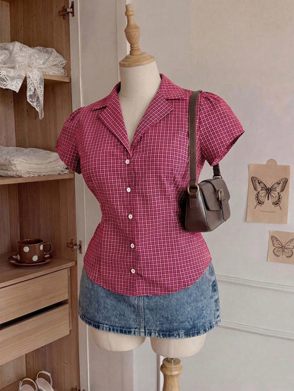 Comfortcana Plus Size Women's Plaid Short Sleeve Single Breasted Casual Shirt