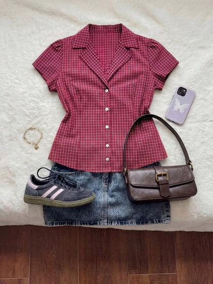 Comfortcana Plus Size Women's Plaid Short Sleeve Single Breasted Casual Shirt
