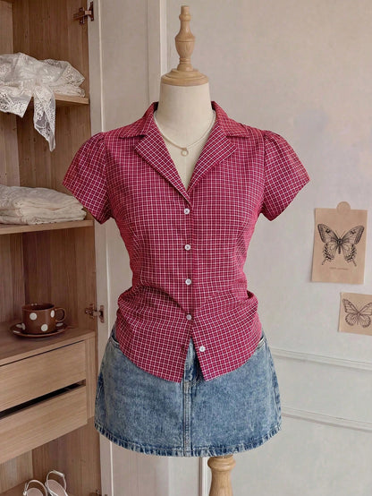Comfortcana Plus Size Women's Plaid Short Sleeve Single Breasted Casual Shirt