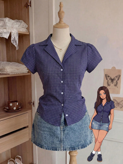 Comfortcana Plus Size Women's Plaid Short Sleeve Single Breasted Casual Shirt