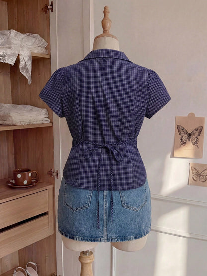 Comfortcana Plus Size Women's Plaid Short Sleeve Single Breasted Casual Shirt