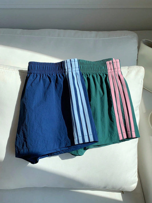 Comfortcana Women's 2pcs Elastic Waist Side Stripe Loose Casual Baggy Low Waisted Shorts Athletic Shorts,Back To School Gym Jogging Navy Blue Pink Striped Summer