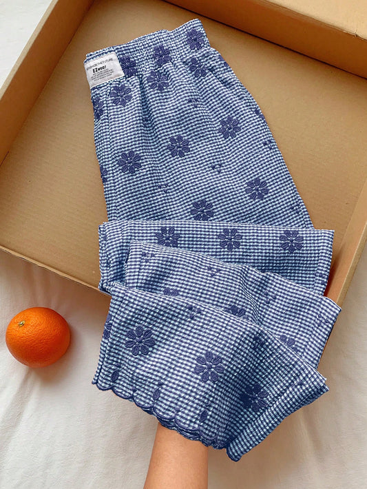 Comfortcana Women's Blue And White Grid Flower Embroidery Wide Leg Pants,Cute Summer House Casual Vacation Beach Pants,Elegant Ruffle Sequin Y2K Formal Pants