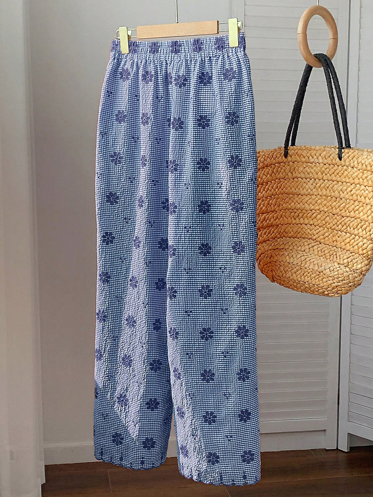 Comfortcana Women's Blue And White Grid Flower Embroidery Wide Leg Pants,Cute Summer House Casual Vacation Beach Pants,Elegant Ruffle Sequin Y2K Formal Pants