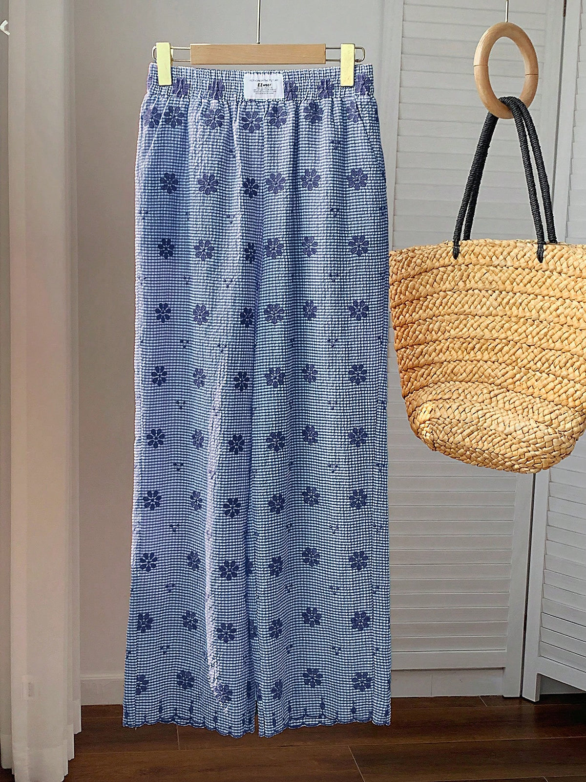 Comfortcana Women's Blue And White Grid Flower Embroidery Wide Leg Pants,Cute Summer House Casual Vacation Beach Pants,Elegant Ruffle Sequin Y2K Formal Pants