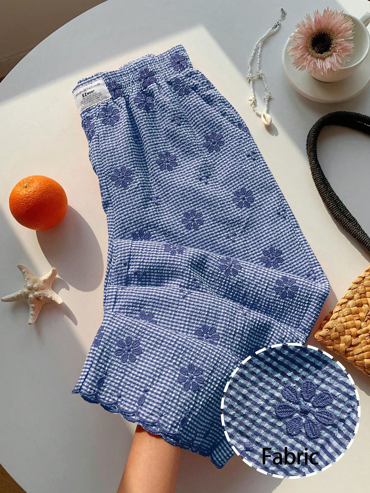 Comfortcana Women's Blue And White Grid Flower Embroidery Wide Leg Pants,Cute Summer House Casual Vacation Beach Pants,Elegant Ruffle Sequin Y2K Formal Pants