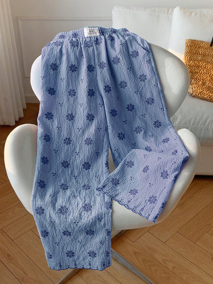 Comfortcana Women's Blue And White Grid Flower Embroidery Wide Leg Pants,Cute Summer House Casual Vacation Beach Pants,Elegant Ruffle Sequin Y2K Formal Pants