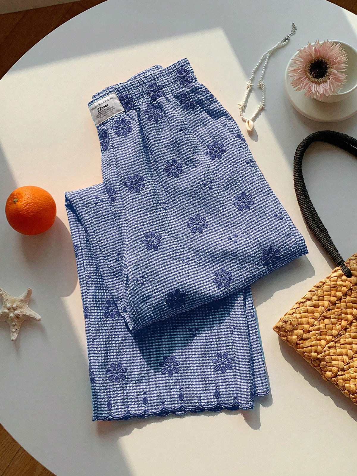 Comfortcana Women's Blue And White Grid Flower Embroidery Wide Leg Pants,Cute Summer House Casual Vacation Beach Pants,Elegant Ruffle Sequin Y2K Formal Pants