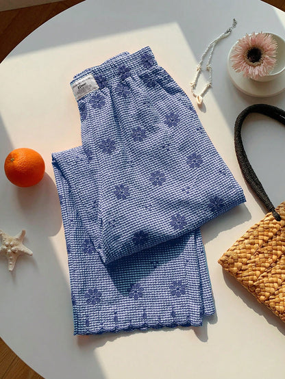 Comfortcana Women's Blue And White Grid Flower Embroidery Wide Leg Pants,Cute Summer House Casual Vacation Beach Pants,Elegant Ruffle Sequin Y2K Formal Pants